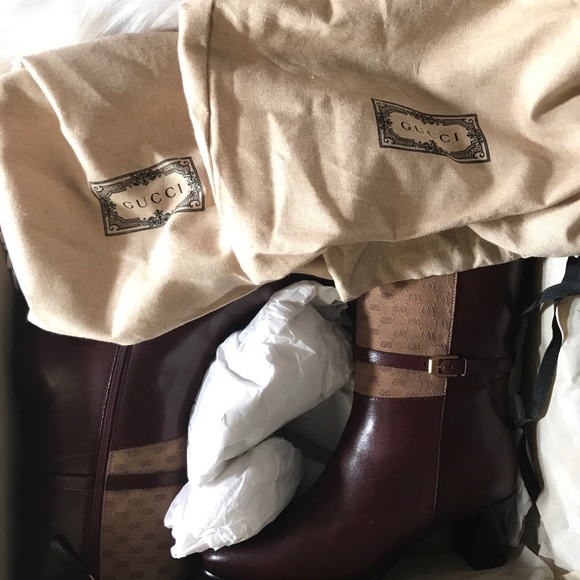 GUCCI Finn Mixed Media Ankle Boot Vintage  Bordeaux Brown Leather Size 38/8 NEW - Picture 10 of 11